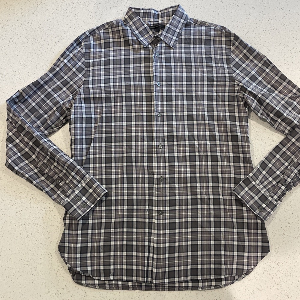 John Varvatos Shirt Men Large Gray Plaid 100% Cotton Long Sleeve Button-Up